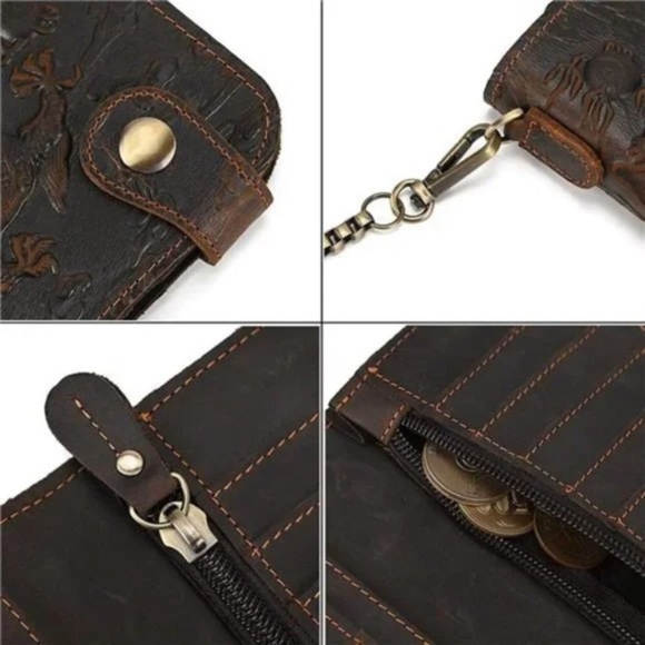 New Men's Genuine Leather Long Wallet Chain Wallet Card holder Wallet - Picture 2 of 8